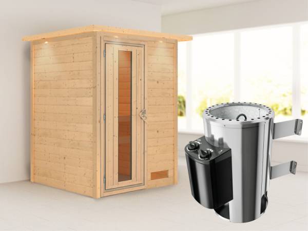 Nadja - Karibu Sauna Plug &amp; Play 3,6 kW Ofen, int. Steuerung - mit Dachkranz - Energiespartür