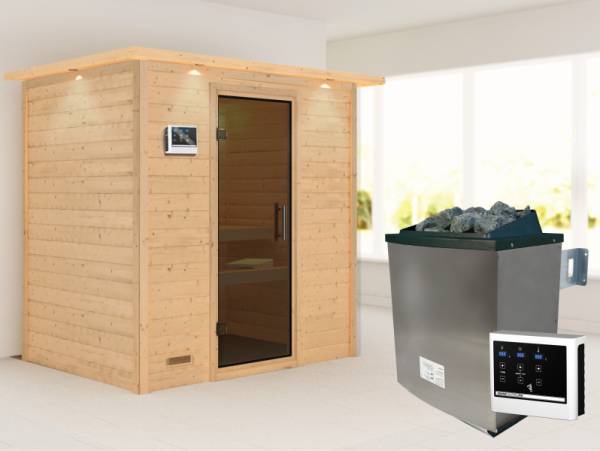 Karibu Sauna Sonja inkl. 9 kW Ofen ext. Steuerung mit moderner Saunatür -mit Dachkranz-