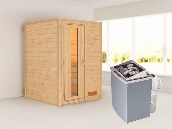 Karibu Woodfeeling Sauna Svenja- energiesparende Saunatür- 4,5 kW Ofen integr. Strg- ohne Dachkranz