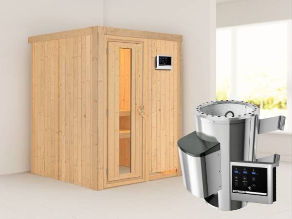 Minja - Karibu Sauna Plug & Play 3,6 kW Ofen, ext. Steuerung - ohne Dachkranz - Energiespartür