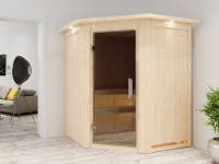Karibu Sauna Larin inkl. 9 kW Ofen externe Steuerung, mit moderner Saunatür - mit Dachkranz -