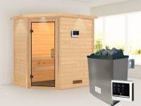 Karibu Sauna Svea - Klarglas Saunatür - 4,5 kW Ofen ext. Strg. - mit Dachkranz