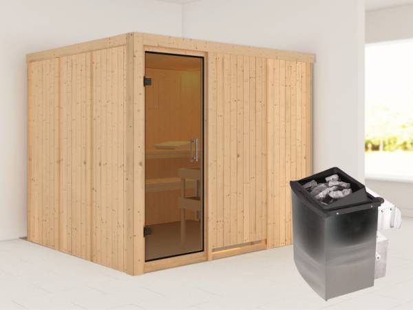 Karibu Sauna Gobin inkl. 9-kW-Ofen mit interner Steuerung, ohne Dachkranz, mit moderner Saunatür