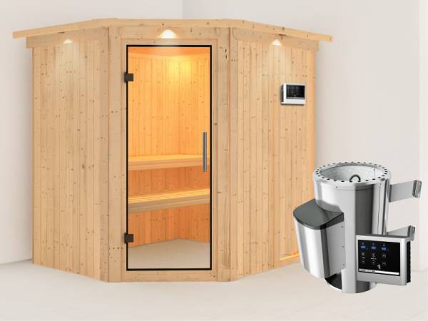 Lilja - Karibu Sauna Plug & Play 3,6 kW Ofen, ext. Steuerung - mit Dachkranz - Klarglas Ganzglastür