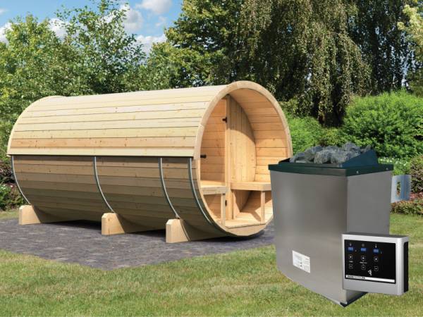 Karibu Fass - Sauna 4 42 mm inkl. 9-kW-Ofen - Saunahaus