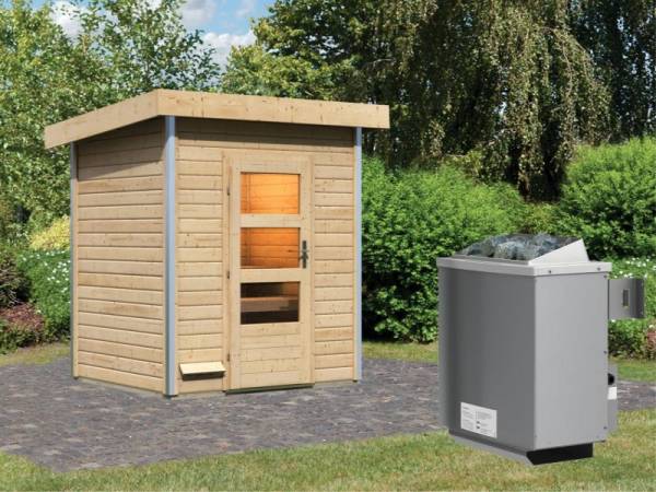 Karibu 38 mm Saunahaus Jorgen - 9 kW Ofen, int. Steuerung - Moderne Saunatür Karibu 38 mm Saunahaus Jorgen - 9 kW Ofen, int. Steuerung - Moderne Saunatür