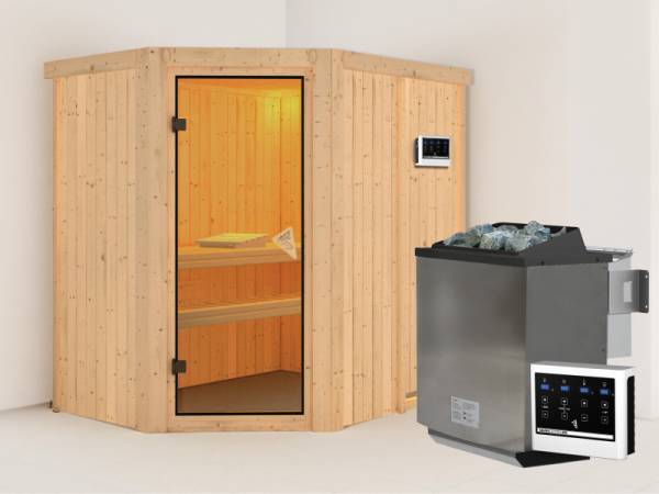 Karibu Sauna Carin- klassische Saunatür- 4,5 kW Bioofen ext. Strg- ohne Dachkranz
