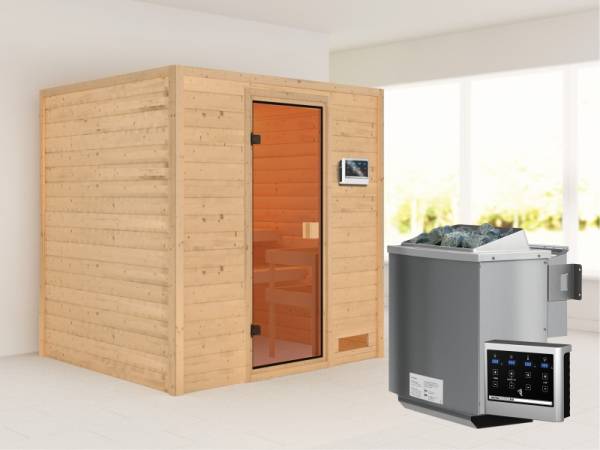 Karibu Woodfeeling Sauna Anja - Classic Saunatür - 4,5 kW BIO-Ofen ext. Strg. - ohne Dachkranz