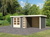Karibu Woodfeeling Gartenhaus Kerko 5 terragrau mit Anbaudach 2,80 m inkl. Seiten- und Rückwand