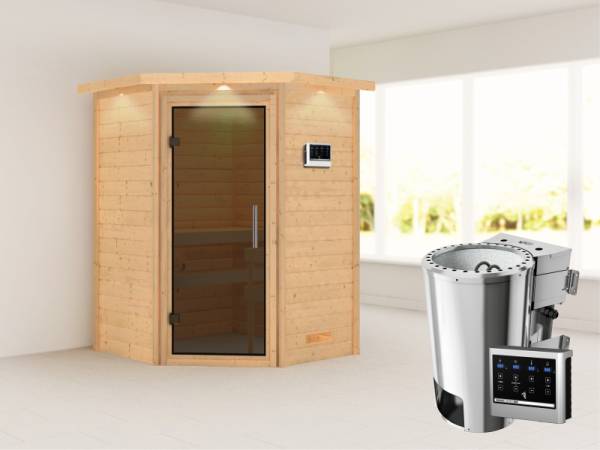 Alicja - Karibu Sauna Plug &amp; Play 3,6 kW Bio Ofen, ext. Steuerung - mit Dachkranz - Moderne Saunatür
