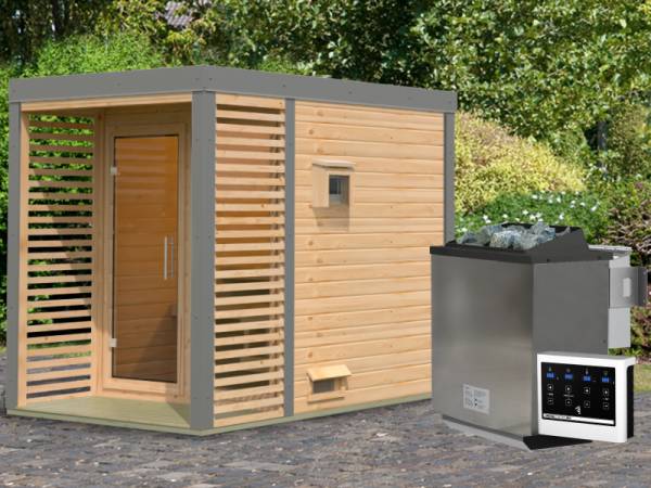 Karibu Hybrid Saunahaus Ares 1, naturbelassen/staubgrau -inkl. 9 kW Bioofen ext. Steuerung-