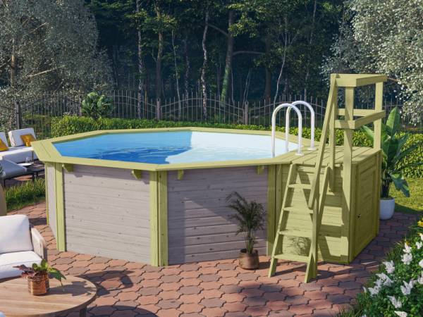 Karibu Pool Modell 1 X in wassergrau im Set mit Terrasse , Filteranlage und Skimmer, kdi - Folie Blau
