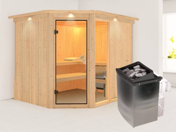Fiona 3 - Karibu Sauna inkl. 9-kW-Ofen - mit Dachkranz -