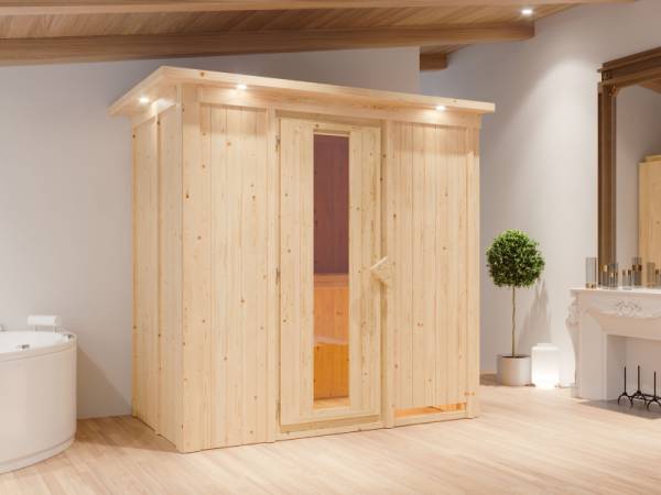 Karibu Sauna Variado inkl.  9 kW Bioofen ext. Steuerung, mit Energiespartür -mit Dachkranz-