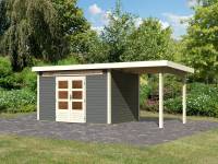 Karibu Woodfeeling Gartenhaus Kandern 7 in terragrau mit Anbaudach 2,35 Meter
