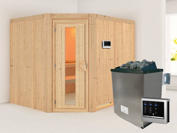 Karibu Sauna Malin inkl. 9-kW-Ofen mit externer Steuerung, ohne Dachkranz, mit energiesparender Saunatür